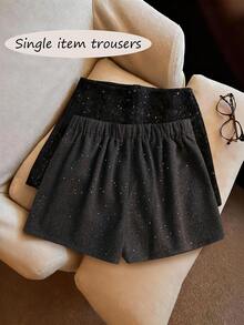Franclia Women's Grey Woven Fabric Mini Party Shorts With Rhinestone Details Women's Summer Go Out Party Wear - Grey - View 2