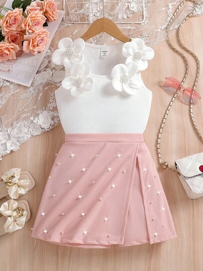 Elladie kids 2pcs/Set Young Girls Fashion White Floral Beaded Crew Neck Tank Top & Elastic Waist Fuchsia Fitted Shorts, Suitable For Birthday, Vacation, Party In Summer