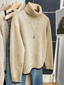 Franclia 法式复古宽松高领长袖撞色滚边针织套头毛衣，女士秋冬款 - 杏色 - 查看 4