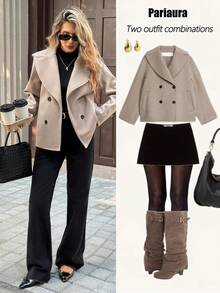 SHEIN PariChic Manteau ample croisé à grand revers style français décontracté en kaki avec poches, automne/hiver pour femmes