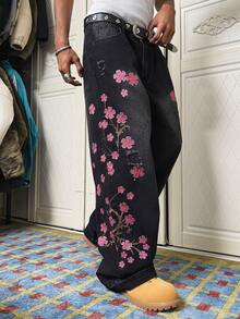 STEELVANCE Men's Casual Distressed Embroidered Jeans Cherry Blossom Jeans Flower Pants Distressed Jeans, Perfect Holiday Gift For Boyfriend & Husband - Black - View 1