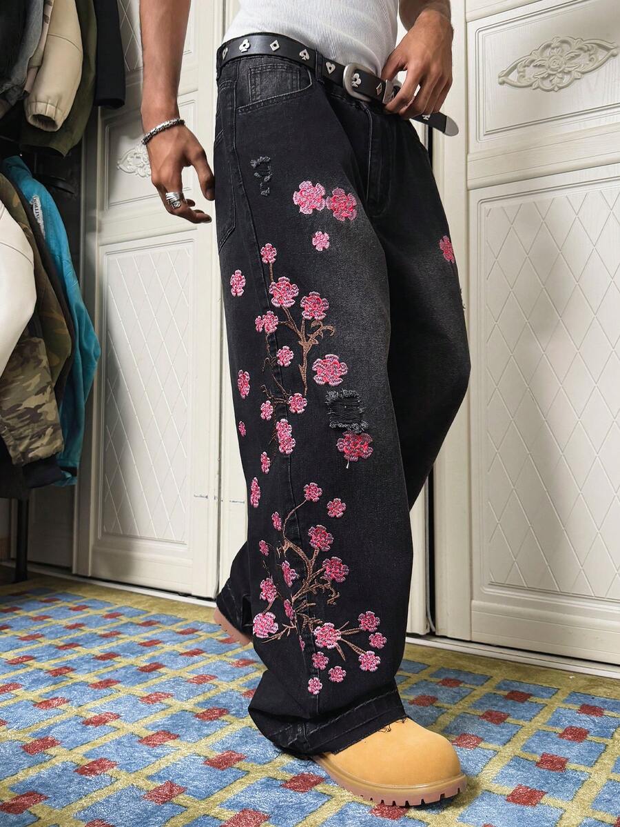 STEELVANCE Men's Casual Distressed Embroidered Jeans Cherry Blossom Jeans Flower Pants Distressed Jeans, Perfect Holiday Gift For Boyfriend & Husband - Black - View 1