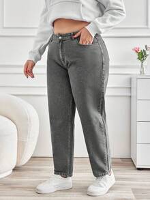 SHEIN Cottnline Plus Size Solid Color Slant Pocket Casual Alternative Versatile Jeans Formal Evening Grey Summer - Light Grey - View 3