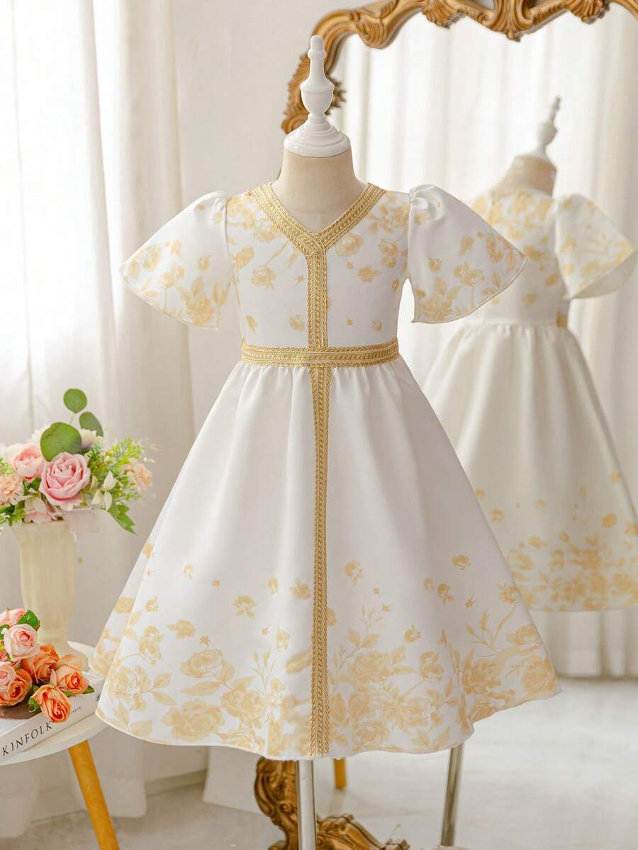 Glamorique Kids Đầm dự tiệc tay phồng, họa tiết hoa, phối ruy băng, dành cho bé gái, thích hợp cho mùa hè. - trắng - Xem 1