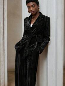 Aveloria Modichic 2pcs Women's Fashion Versatile Velvet Padded Shoulder Blazer Jacket And Casual Pants Set - Black - View 1