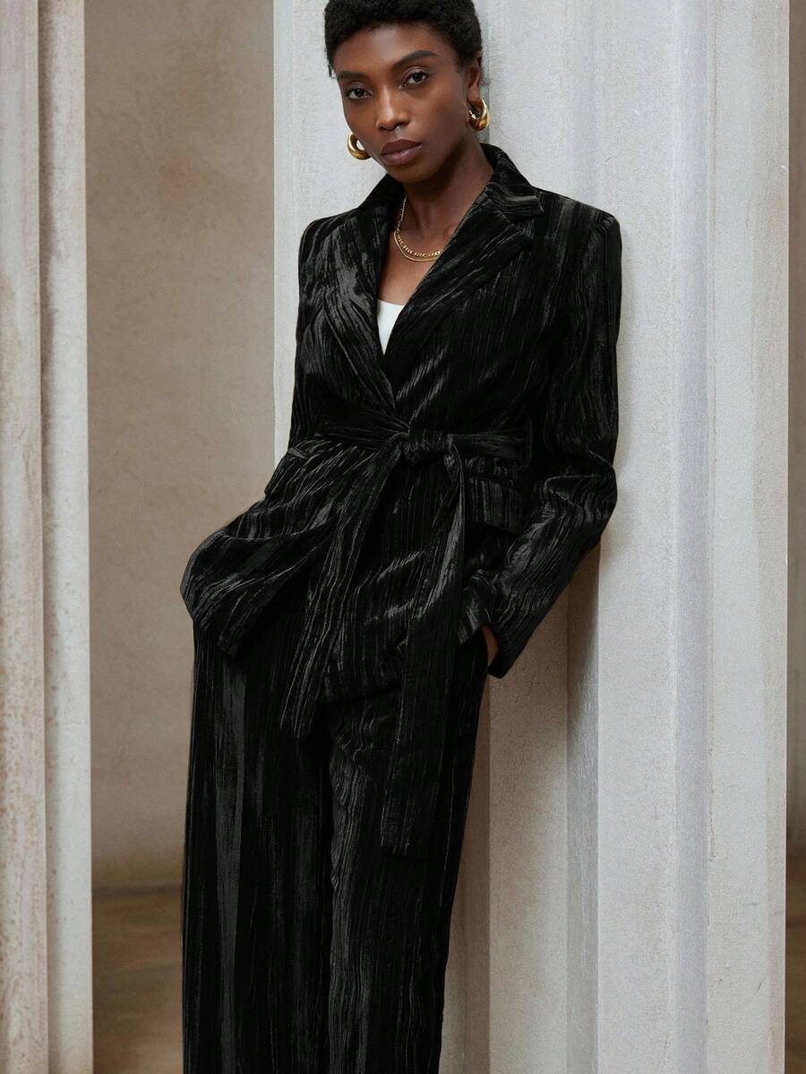 Aveloria Modichic 2pcs Women's Fashion Versatile Velvet Padded Shoulder Blazer Jacket And Casual Pants Set - Black - View 1