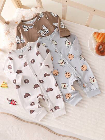 新生児 韓国スタイル ベージュ、カーキ、グレー ジュース、ミルク、パン、フード かわいいパターン 長袖パンツ ロンパース 上下セット