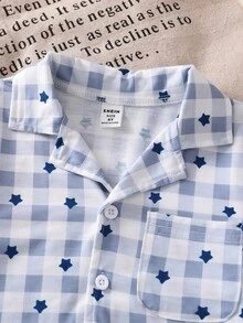 2件套蓝色绅士格子长袖休闲舒适男童睡衣套装 - 藍色 - 查看 5