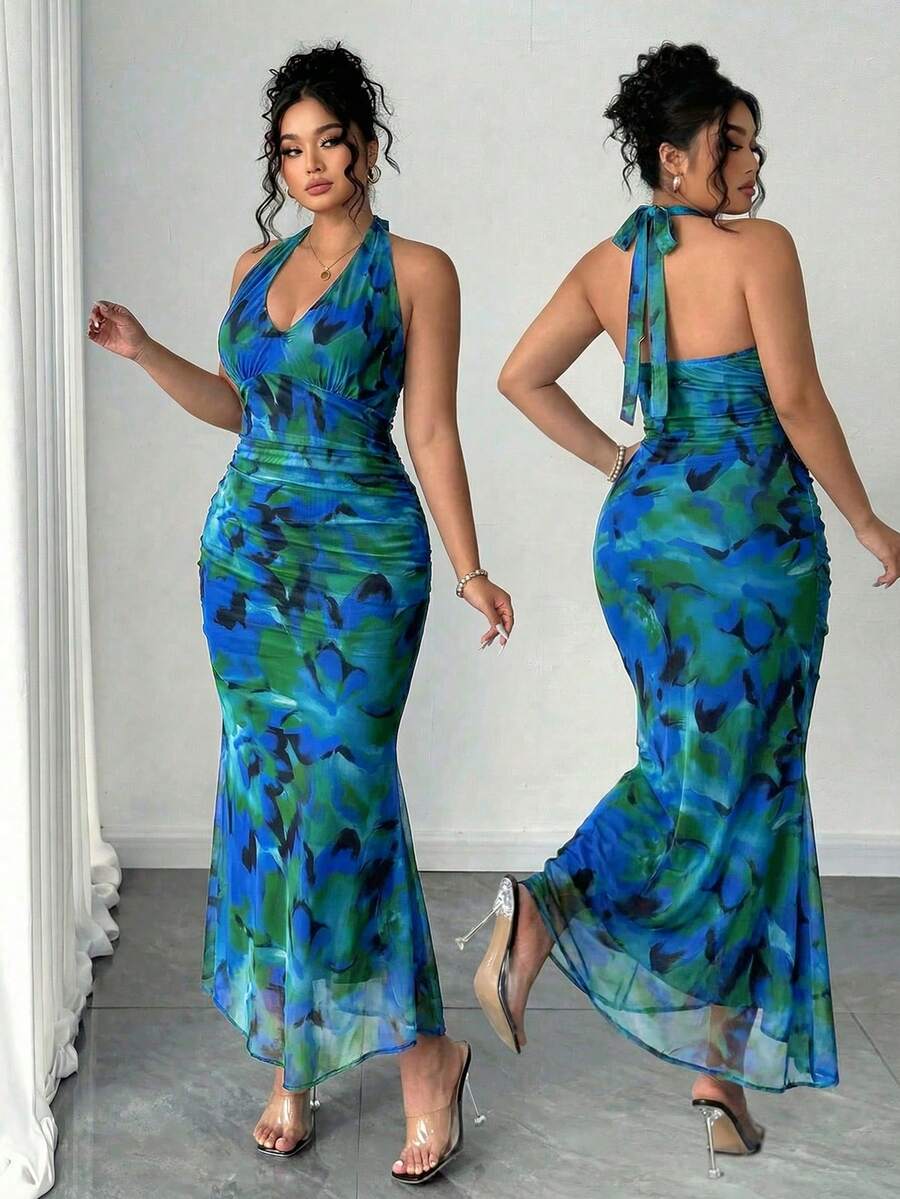 Elenzga Plus Size Women Elegant Halter Backless Dress - Multicolor - View 1