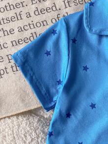 2件套男婴可爱星星印花POLO领开衫短袖套装，包含一件开衫和一条裤子，舒适休闲装