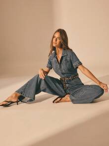 Aralina Women's Summer / Winter Denim Casual Short Sleeve Long Leg Jumpsuit, Y2K Stockholm Style Streetwear