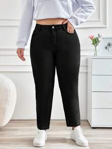 EURMUSE Plus Size Casual Versatile Washed Tapered Jeans - Black - View 1