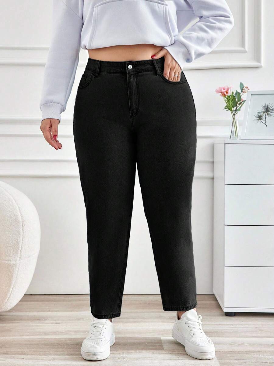 EURMUSE Plus Size Casual Versatile Washed Tapered Jeans - Black - View 1