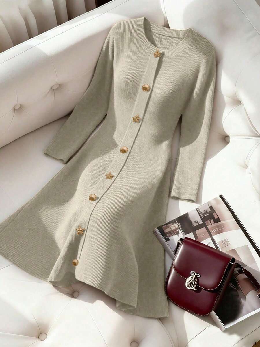 Franclia 女士时尚长袖套头针织连衣裙,百搭独特设计,适合春秋季节 - 摩卡棕 - 查看 1