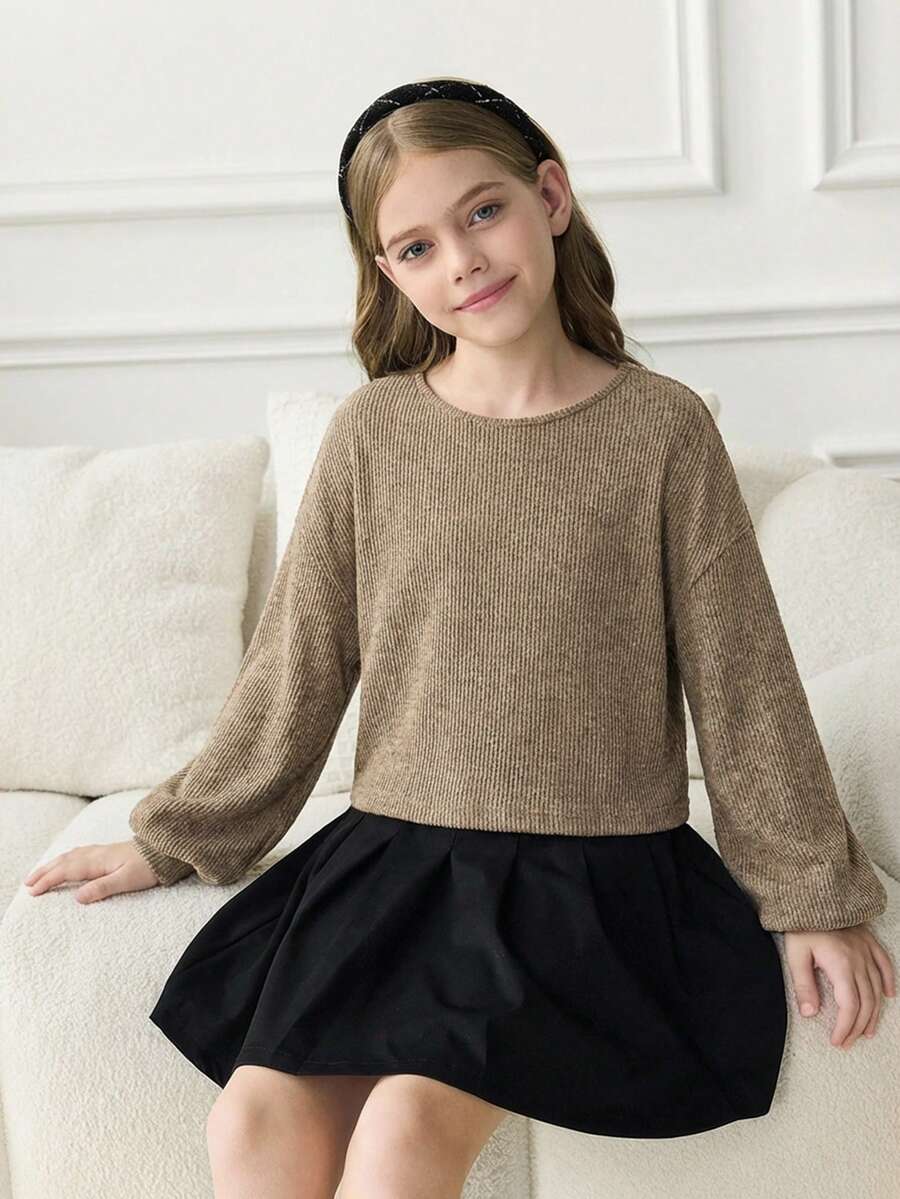 SHEIN Tween Girl Student Clothes, Lantern Sleeve Basic Style, Back To School, Opening Ceremony, Daily Wear, School, Travel, Sports, Winter - Camel - View 1