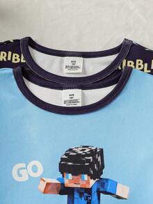 两件套男童贴身睡衣套装，兔子印花长袖上衣和长裤，弹力睡衣，适合春秋季穿着 - 彩色 - 查看 3