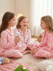 Bộ đồ ngủ 2 món tay dài họa tiết trái tim đơn giản, hai lớp, nhún bèo thoải mái dành cho bé gái - trắng - Xem 3