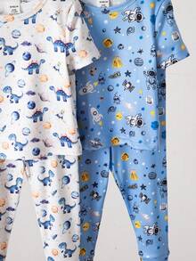 4件套男婴恐龙太空图案针织短袖上衣和长裤套装，春夏修身睡衣 - 彩色 - 查看 5