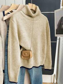 Franclia 法式复古宽松高领长袖撞色滚边针织套头毛衣，女士秋冬款 - 杏色 - 查看 3