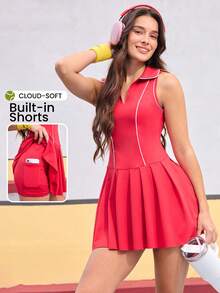 SHEIN Sports Core Rhythm 女士瑜伽休闲无袖 Polo 领连衣裙 - 适合网球、羽毛球和高尔夫运动，修身运动健身跑步服，舒适通勤和户外活动，性感短款运动连衣裙 - 紅色 - 查看 1