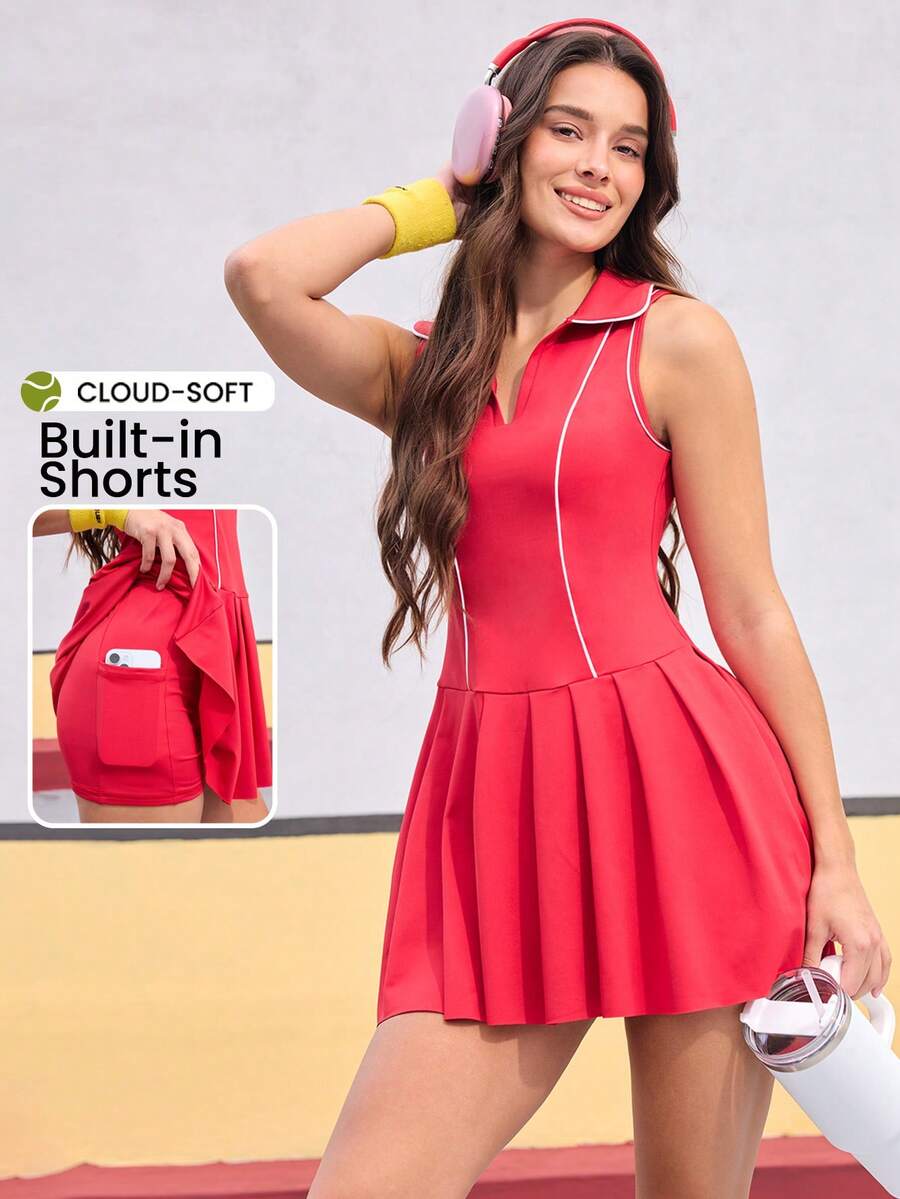 SHEIN Sports Core Rhythm 女士瑜伽休闲无袖 Polo 领连衣裙 - 适合网球、羽毛球和高尔夫运动,修身运动健身跑步服,舒适通勤和户外活动,性感短款运动连衣裙 - 紅色 - 查看 1