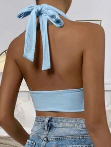Glamine 女士简约纯色露背短款吊带背心，夏季 - 淺藍色 - 查看 2