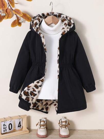 Veste décontractée à capuche en peluche avec imprimé léopard et taille ajustée pour jeune fille