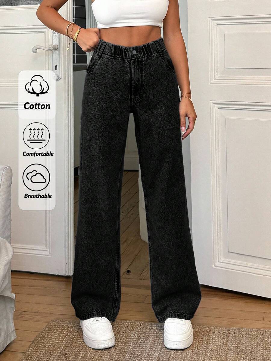EURMUSE 100% Cotton Elastic Belt Detailed Straight Cut Jean - Black - View 1