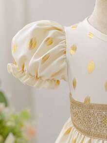 SHEIN Glamorique Kids Baby Girls' Elegant Champagne Gold Foil Puff Sleeve Round Neck Cinched Waist Luxurious Ruffle Hem Dress - Apricot - View 6