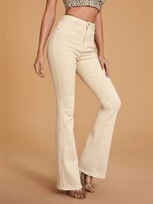 Selenza 女士简约纯色斜插口袋喇叭牛仔裤 - 杏色 - 查看 4