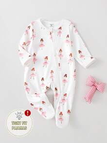 新生女宝宝优雅卡通全印花拉链连脚睡衣套装 - 彩色 - 查看 1