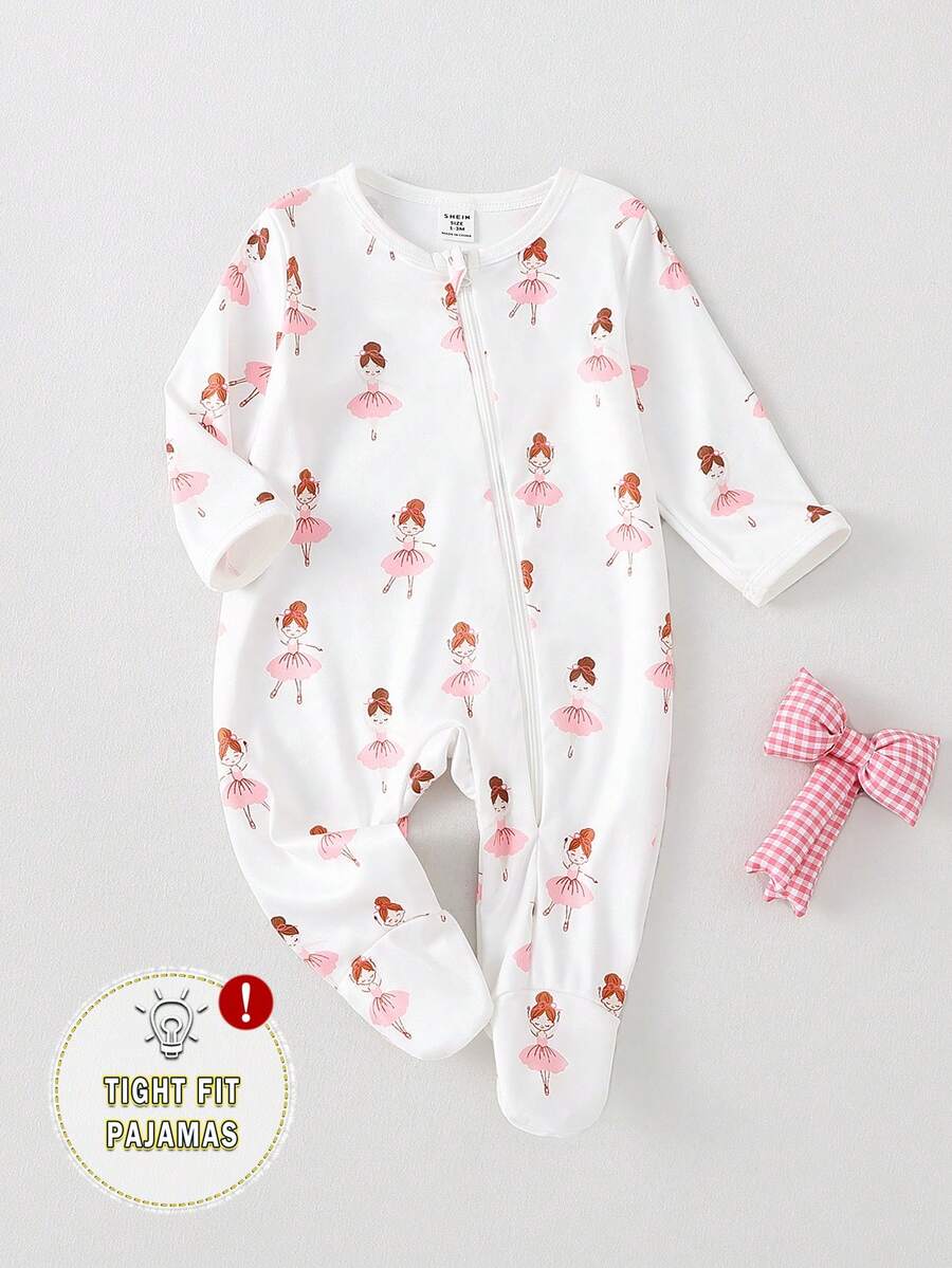 新生女宝宝优雅卡通全印花拉链连脚睡衣套装 - 彩色 - 查看 1