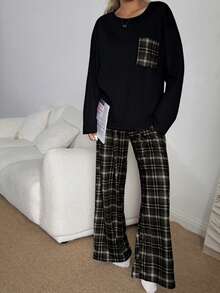 Dream Adore Women's Casual Loose Plaid Print Round Neck Pajama Set - Black - View 5