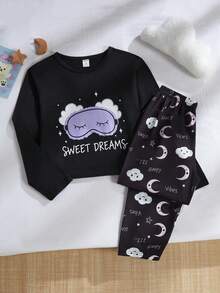 Genkimix Kids 女童简约玫红色睫毛印花长袖上衣和裤子两件套睡衣套装