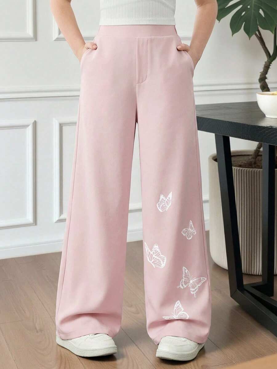 SHEIN Tween Girls Woven Butterfly Placement Print Loose Wide Leg Black Casual Pants, Suitable For Spring Outing, Countryside, Afternoon Tea In The Garden, Casual Outings, Back To School, Mommy And Me Matching Outfits - Baby Pink - View 1