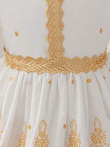 Glamorique Kids 女婴镂空刺绣短袖连衣裙，精致刺绣蕾丝边饰，柔软舒适，适合日常穿着、旅行、婚礼、派对等场合。 - 金色 - 查看 5