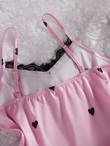 女童优雅黑色爱心蕾丝拼接柔软缎面吊带背心和长裤两件套睡衣 - 彩色 - 查看 5
