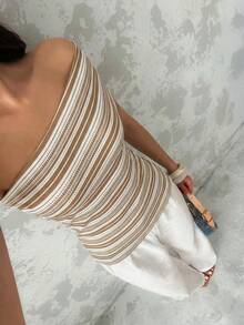 Glamine Chic Women's Khaki Striped Rib Knit Off The Shoulder Short Sleeve Asymmetrical Top - Khaki - View 3