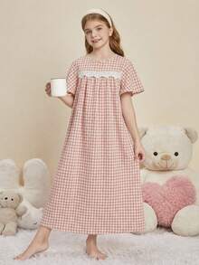 SHEIN 女童宽松格子荷叶边长袖休闲连衣裙 - 粉色 - 查看 4