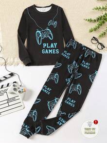 2pcs Teenage Boys' Luminous Game Controller Pattern Snug Fit Long Sleeve Pajama Set Snug Fit Gamer Boys  Sets - Blue - View 7