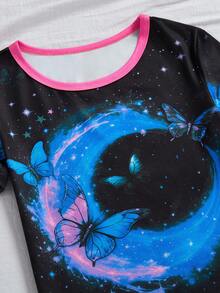 Conjunto de pijama infantil feminino de 1 peça, modelagem justa, estampa luminosa de borboletas e céu estrelado por toda a peça, com detalhes em rosa para um estilo delicado e encantador. Tecido elástico e luminoso, confortável para dormir ou usar no dia a dia, lavável à máquina. - Multicolorido - Ver 6