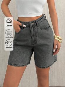 EURMUSE Pantaloncini di jeans casual da donna, vita alta, morbidi e comodi, adatti per l'uso quotidiano e lo stile di strada estivo - Grigio Chiaro - Visualizzare 1