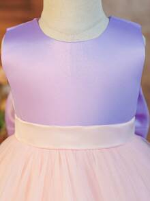 Glamorique Kids 四季皆宜的女婴花童婚礼礼服，无袖蕾丝薄纱裙，紫色和粉色撞色蝴蝶结露背优雅公主裙