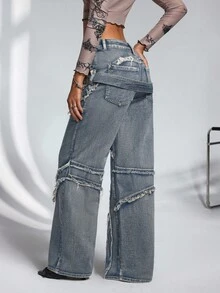 Jeanoix Jeans anchos de pierna casual lavados y deshilachados para mujer - Azul - Ver 2