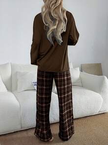 SHEIN Women's Casual Loose Plaid Print Round Neck Pajama Set - Coffee Brown - View 2