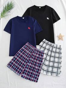 Bộ đồ ngủ mùa hè cho bé trai tuổi teen, áo tay ngắn và quần short kẻ caro, đồ mặc nhà thoải mái. - Nhiều màu - Xem 1