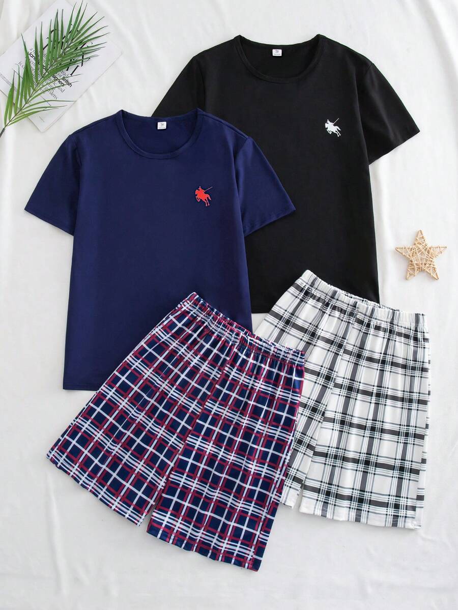 Bộ đồ ngủ mùa hè cho bé trai tuổi teen, áo tay ngắn và quần short kẻ caro, đồ mặc nhà thoải mái. - Nhiều màu - Xem 1