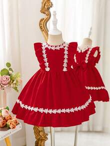 SHEIN Glamorique Kids 女婴优雅蕾丝边荷叶边连衣裙 - 紅色 - 查看 1