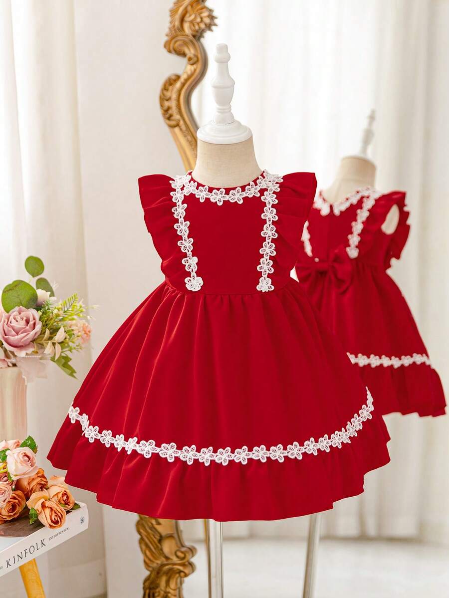 SHEIN Glamorique Kids 女婴优雅蕾丝边荷叶边连衣裙 - 紅色 - 查看 1