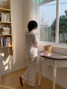 2pcs Comfortable Corduroy Tulip Floral Pattern Crew Neck Long Sleeve Pajama Set For Teens - White - View 2